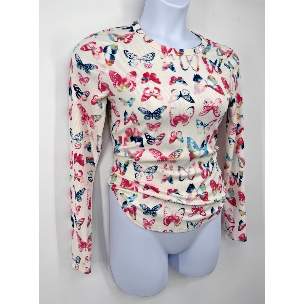 No Boundaries Long Sleeve Butterfly Ribbed Shirt Size L Y2K coquette Stretch